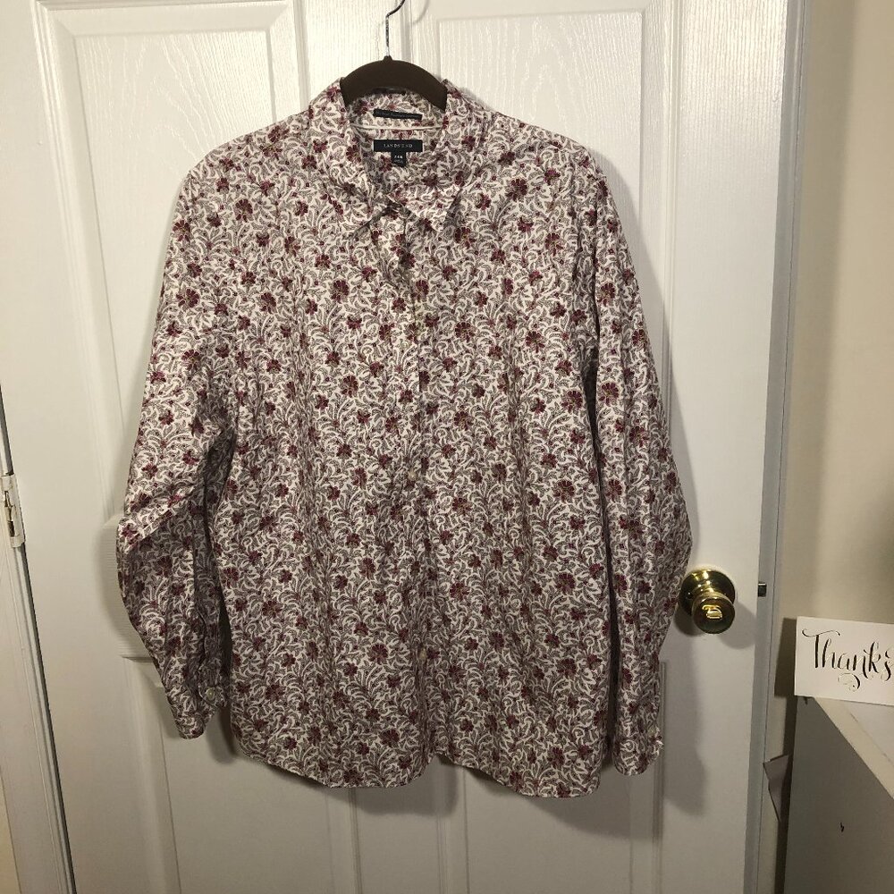 Lands'End women no iron pinpoint Oxford pink flowery shirt, 24W